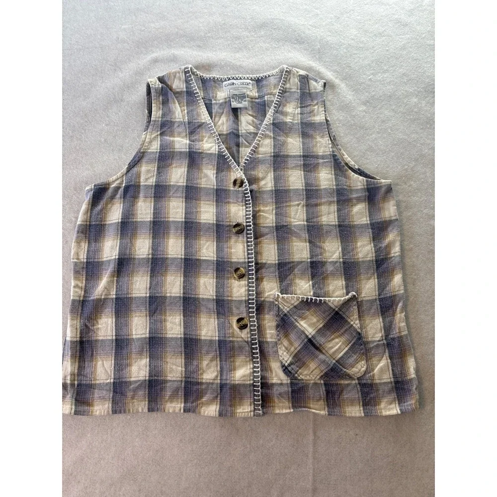Cabin Creek Womens Large Blue Tan Plaid Cotton‎ Button Front Vest Blanket Stitch